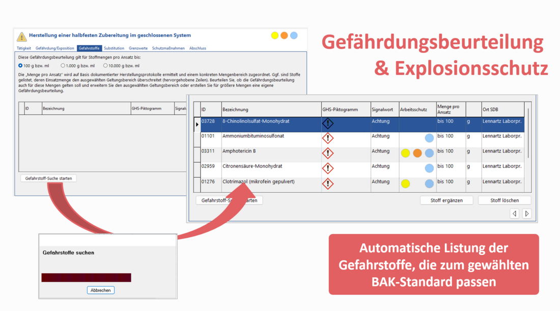 Screenshot der Gefährdungsbeurteilung mit automatischer Listung der Gefahrstoffe