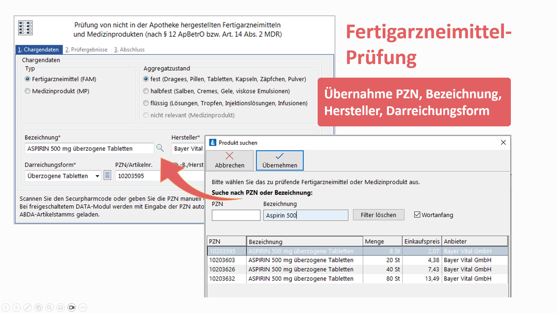 Ein Screenshot zeigt das automatische Einlesen von Chargendaten bei der Fertigarzneimittelprüfung