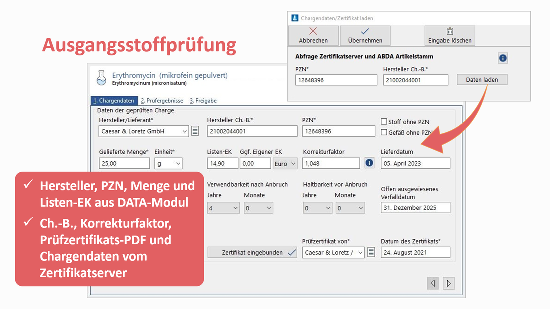 Ein Screenshot zeigt das automatische Einlesen von Chargendaten bei der Ausgangsstoffprüfung