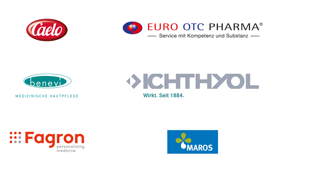 Logos der Partnerfirmen Caelo, Euro OTC, Benevi, Ichthyol, Fagron und Maros.