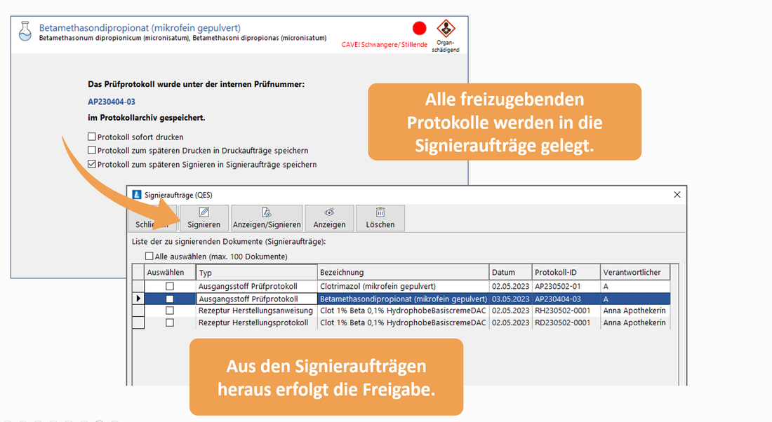 Screenshot der Signieraufträge