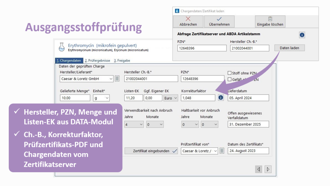 Ein Screenshot zeigt das automatische Einlesen von Chargendaten bei der Ausgangsstoffprüfung
