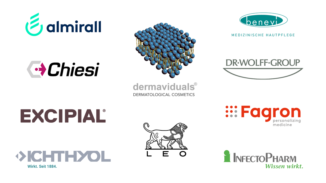 Logos der Partnerfirmen Almirall, Benevi, Chiesi,Dermaviduals, Dr. Wolff Group, Excipial, Fagron, Ichthyol, Leo und Infectopharm.
