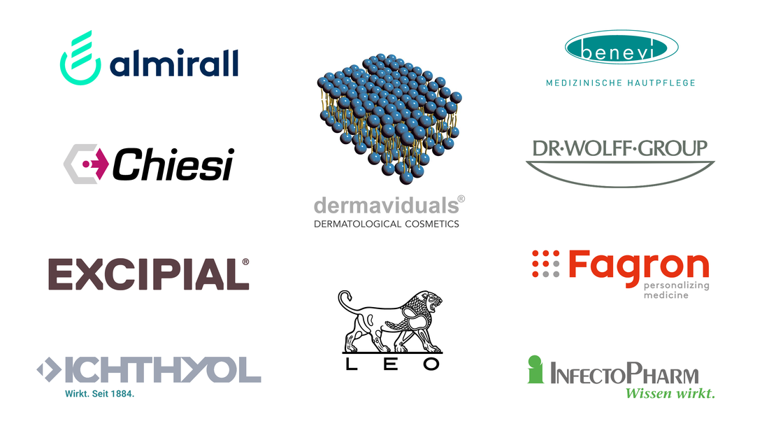 Logos der Partnerfirmen Almirall, Benevi, Chiesi, Dermaviduals, Dr. Wolff Group, Excipial, Fagron, Ichthyol, Leo und Infectopharm.