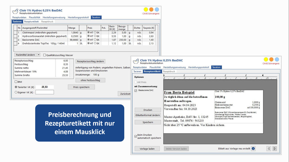  Screenshots der Preisberechnung und des Rezepturetiketts