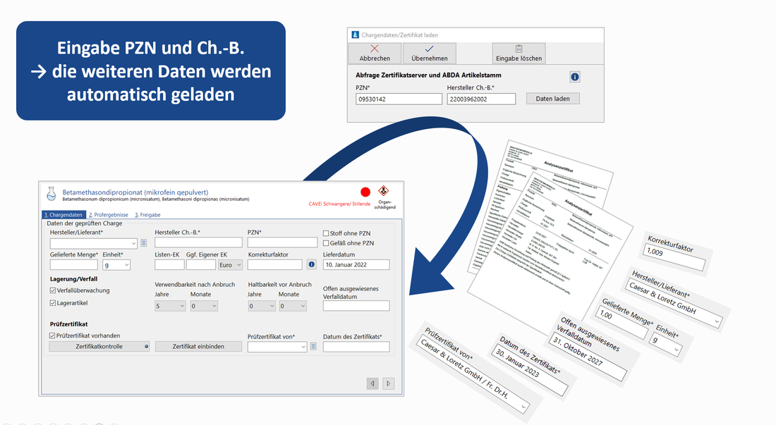 Ein Screenshot zeigt die automatische Übernahme von Chargendaten bei Nutzung des Zertifikatdownloads