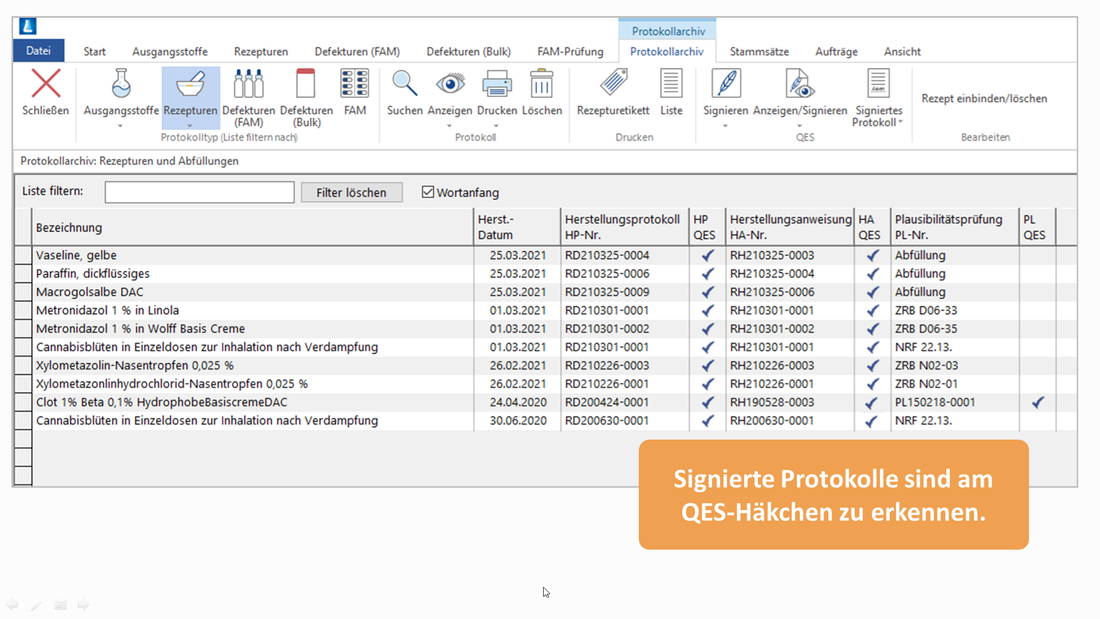 Screenshot des Programms, der die übersichtliche Darstellung der bereits signierten Protokolle zeigt.