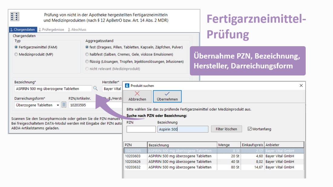 Ein Screenshot zeigt das automatische Einlesen von Chargendaten bei der Fertigarzneimittelprüfung