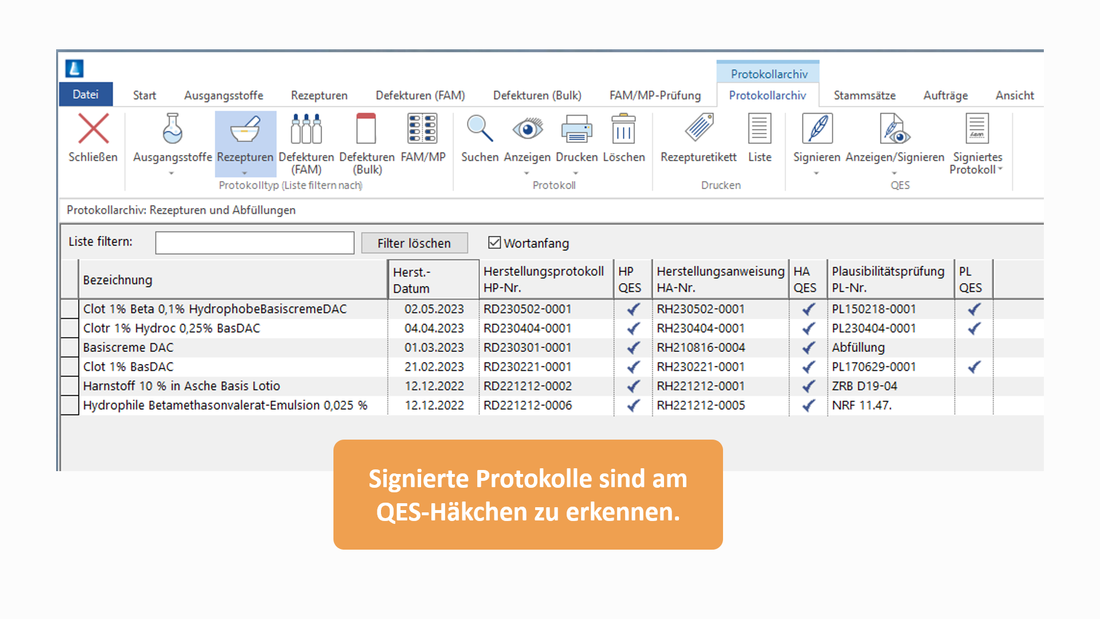Screenshot des Protokollarchivs mit signierten Protokollen