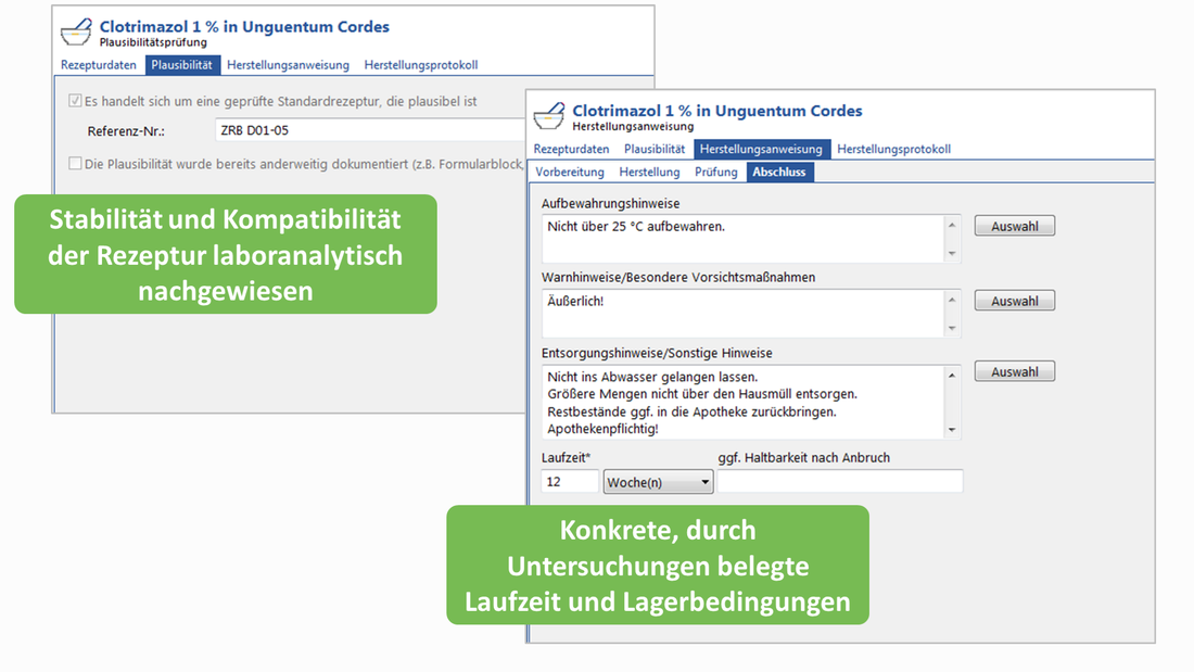 Screenshots des Programms, die zeigen, welche Angaben in den vorbereiteten ZRB-Rezepturen enthalten sind.