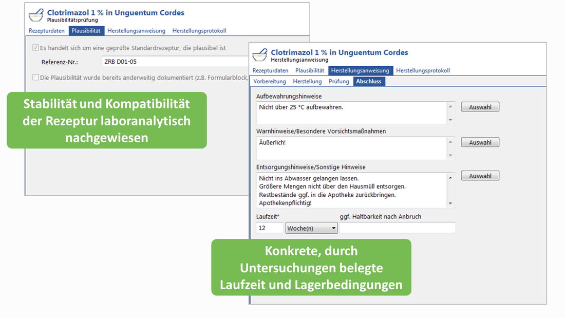 Screenshot einer einzelnen ZRB-Rezeptur mit konkreten Aufbewahrungs-, Warn und Entsorgungshinweisen und vorgeschlagener Laufzeit