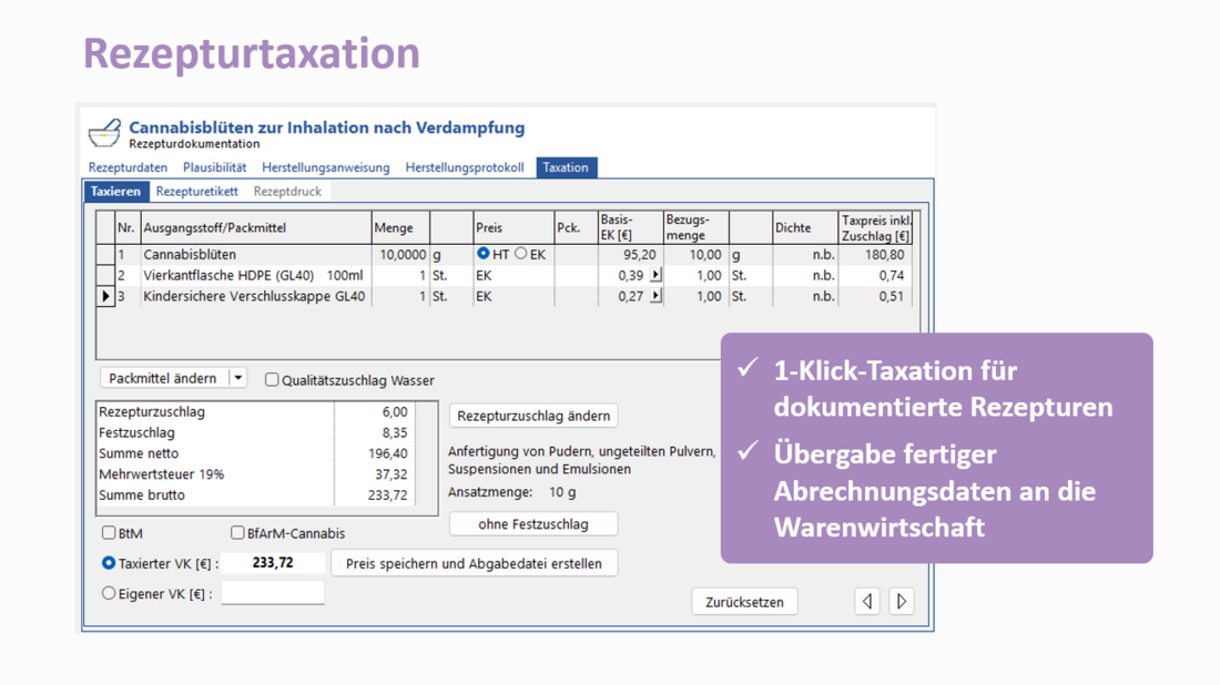 Ein Screenshot zeigt die Übergabe eines Abrechnungsdatensatzes an die Warenwirtschaft