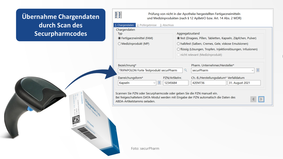 Darstellung eines Scan-Vorgangs, mit dem die Daten des Securpharm-Codes in das Programm übernommen werden. 