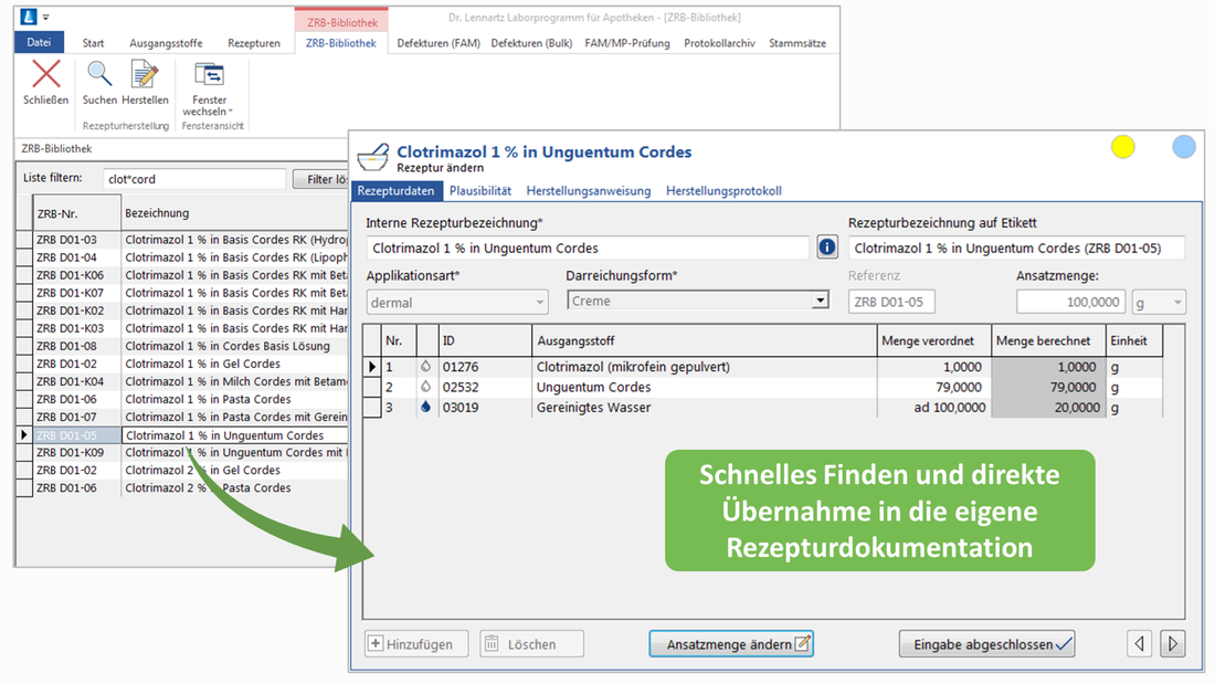 Screenshot der Ziegler Rezepturbibliothek