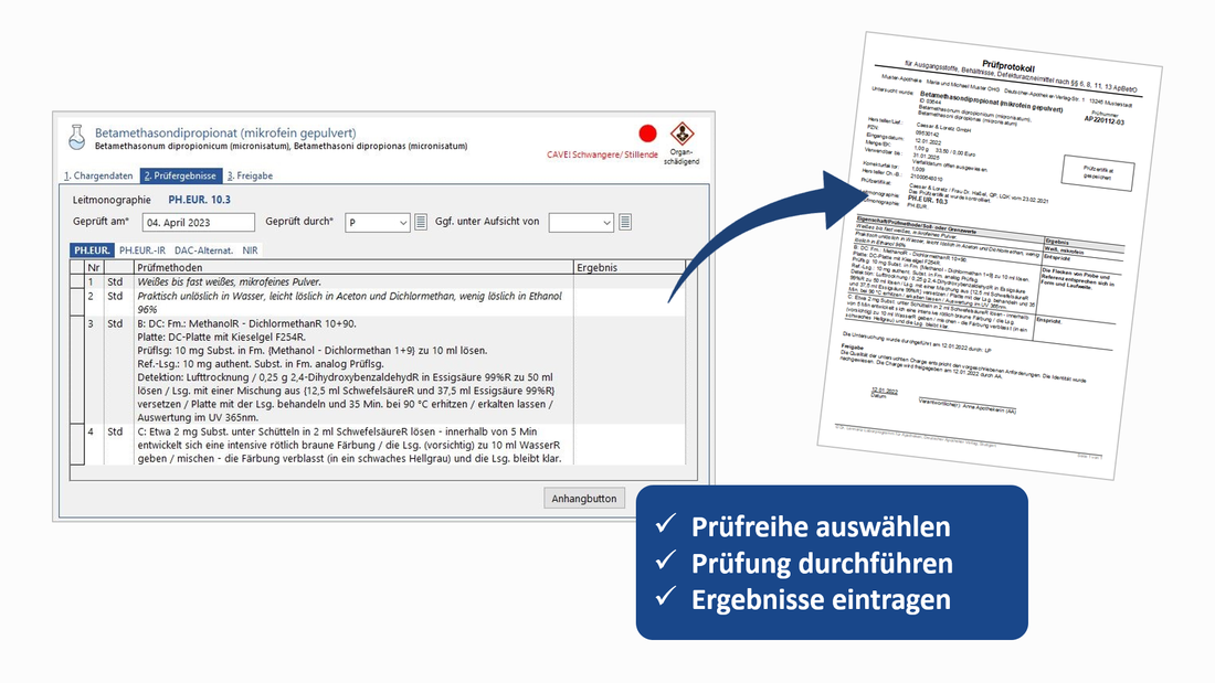 Ein Screenshot zeigt, wie aus den Eintragungen ein rechtskonformes Protokoll erstellt wird
