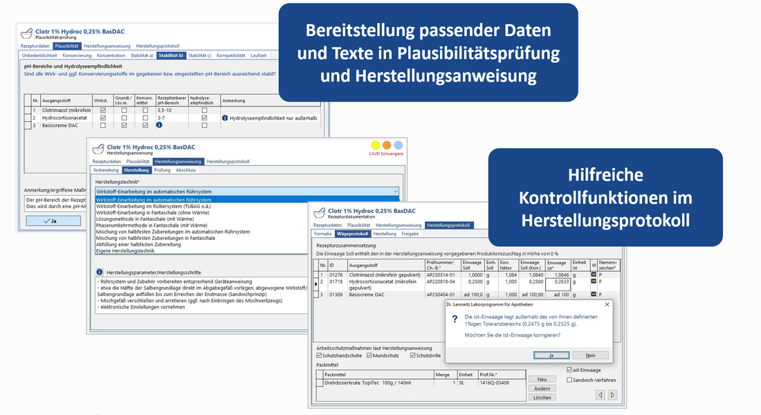 Screenshots von Plausibilitätsprüfung, Herstellungsanweisung und Herstellungsprotokoll
