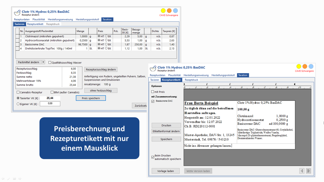 Screenshots des Programms, die die Ein-Klick-Taxation und die automatische Erstellung des Rezepturetiketts zeigen.