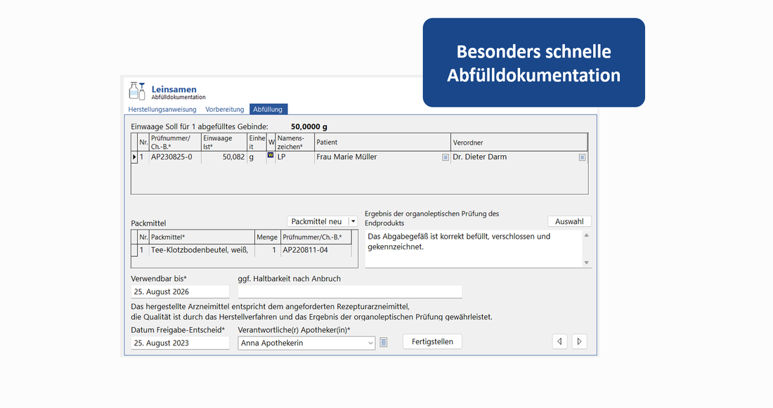 Screenshot der Abfülldokumentation