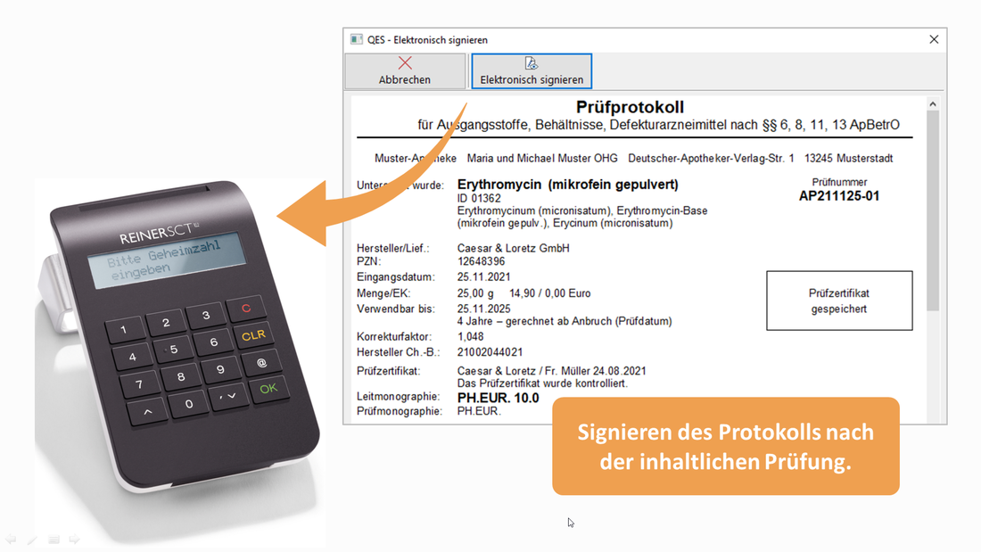 Darstellung des Signier-Vorgangs, bei dem das zu signierende Protokoll angezeigt und die PIN in das Kartenlesegerät eingegeben wird. 