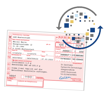 Bild eines Kassenrezepts mit darüberliegendem DATA-Modul-Logo